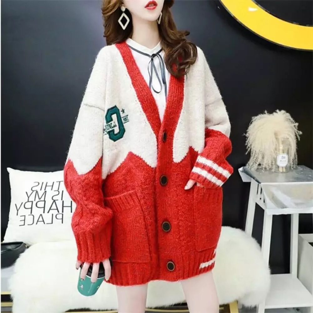 Cardigan sweater pocket cable knit duo-color red sporty - Picture 2 of 6